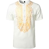 ZEROYAA Men's African Ethnic Hidden Button Short Sleeve Shirt Metallic Gold Printed Dashiki