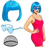 MIRJXB Bob Wig, Short Wig, Bob Wig with Hair Cap & Heart Sunglasses, Women Bob Wig with Bangs for Halloween Carnival Costume Party (Blue)