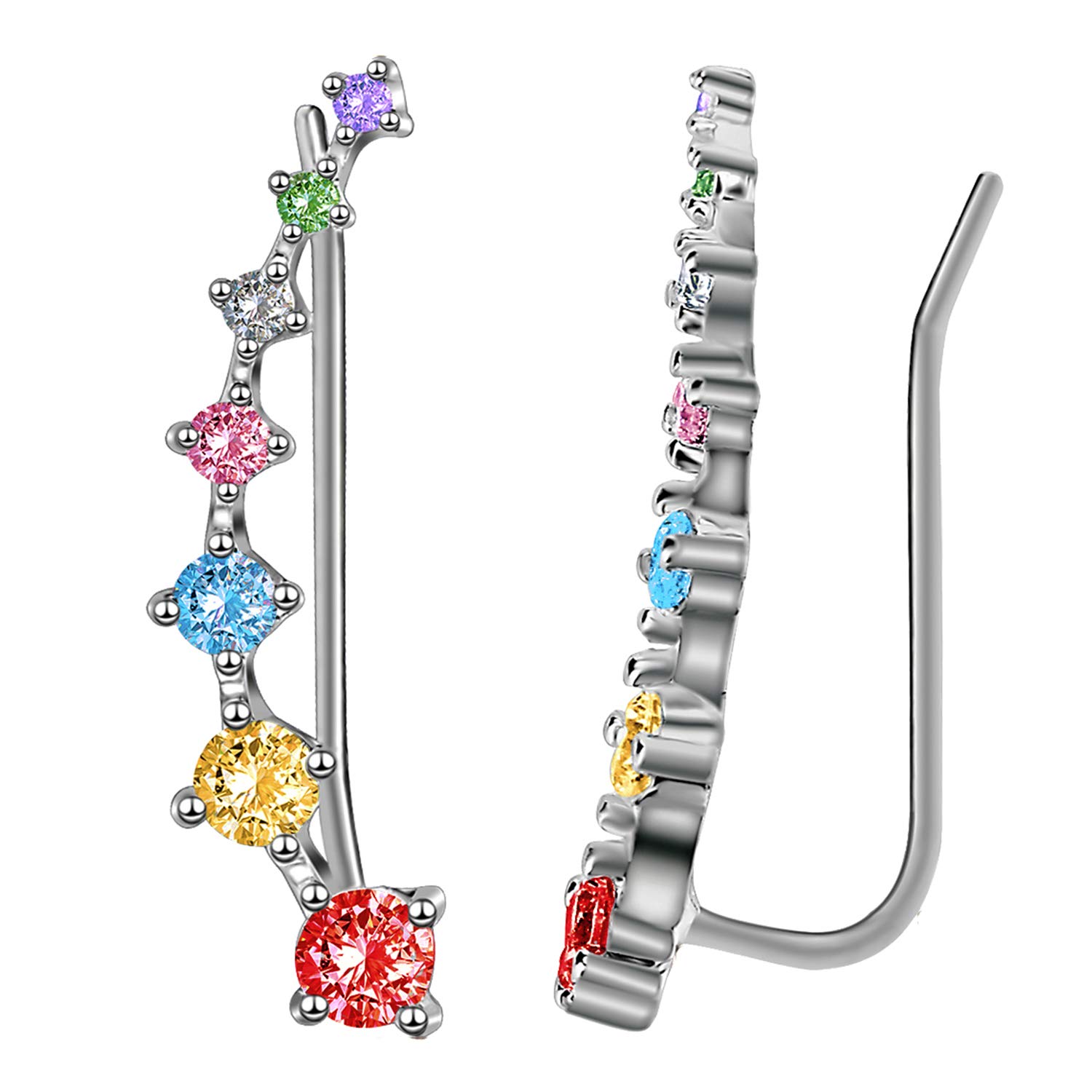 7 Crystals Ear Cuffs Hoop Climber S925 Sterling Silver Earrings Hypoallergenic Earring (Colorful)