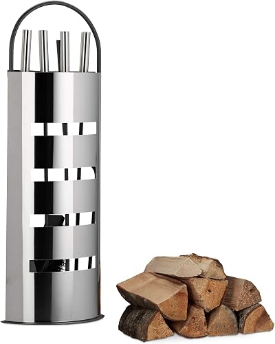 Relaxdays 5-Piece Fireplace Companion Set Steel Tongs Shovel Poker Broom Stand