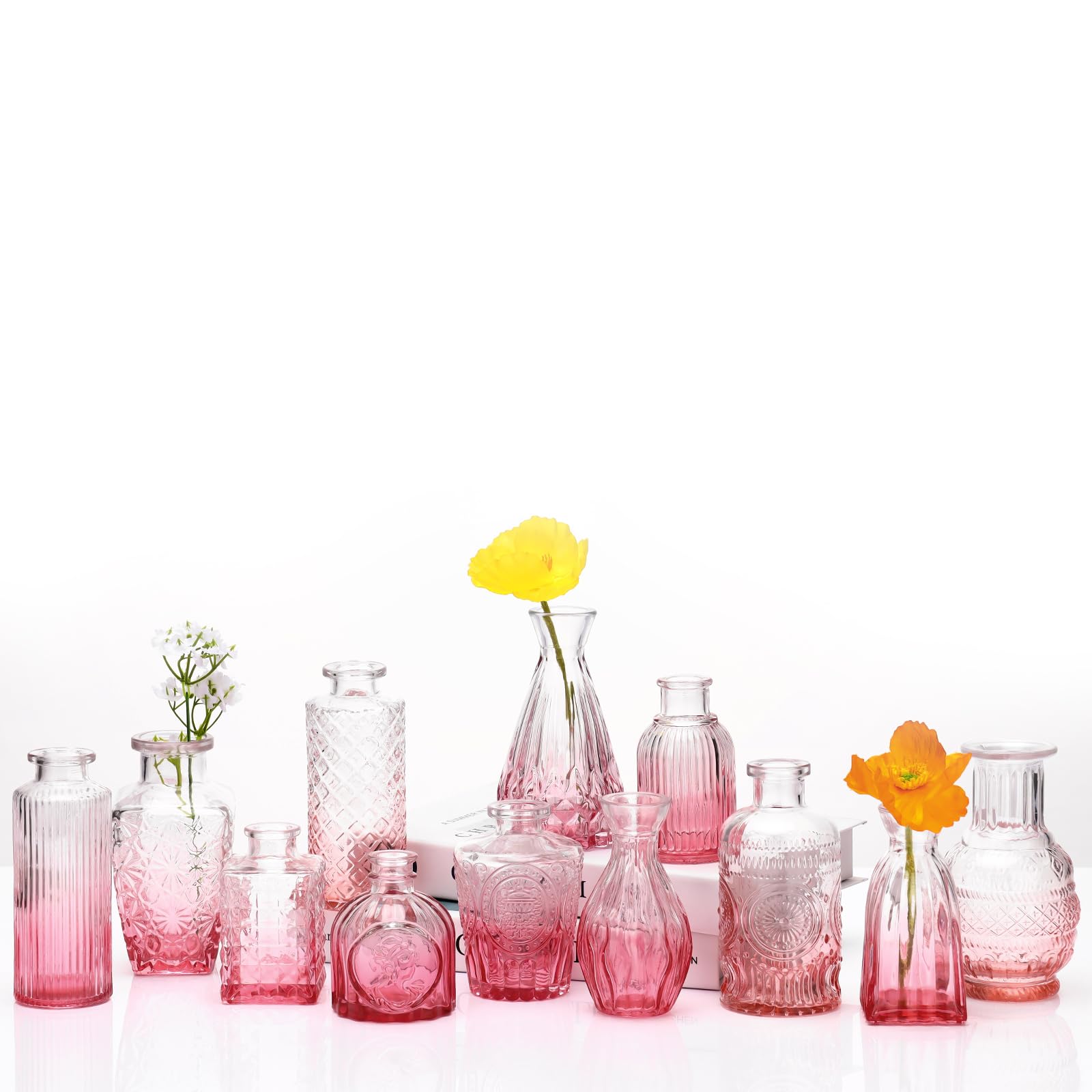 Photo 1 of Vases Set Of 12,Glass Bud Vases in Bulk,Small Flower Vases for Centerpieces,Mini Vintage Vase for Wedding, Home Table Decor,Christmas,Party Decoration,Pink