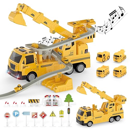 Engineering Crane Toy with Lights and Sounds, Interactive Construction Truck for Kids, Role Play Construction Vehicle Toy for Kids (Crane with Race Track)