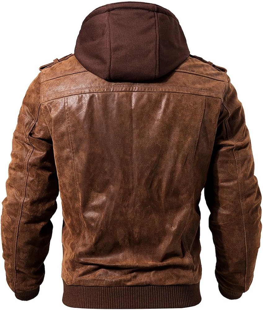 FLAVOR Men Brown Leather Motorcycle Jacket with Removable Hood at  Men’s Clothing store
