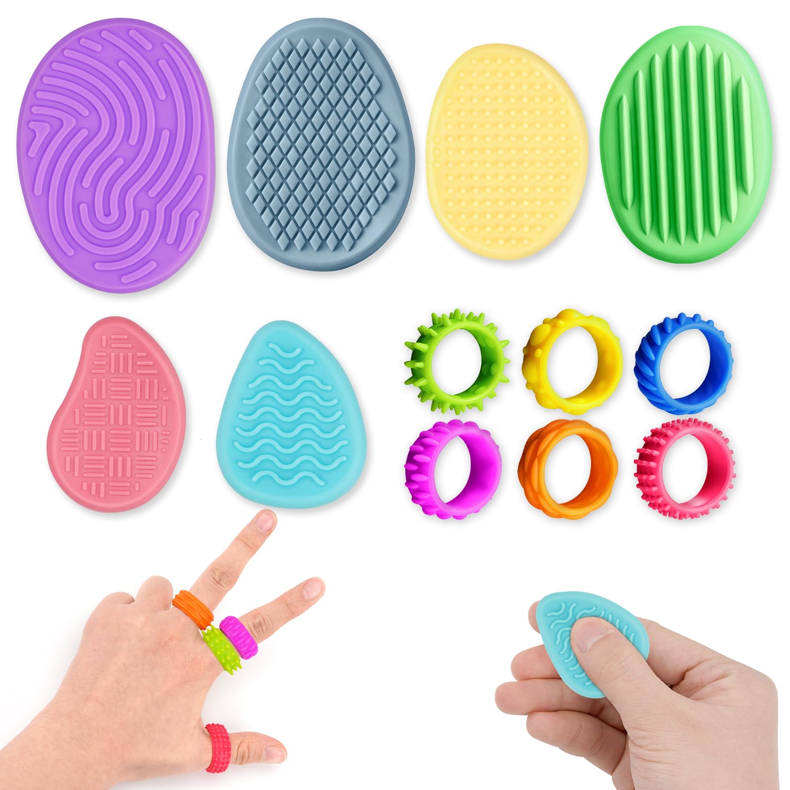12PCS Sensory Fidget Toys 6PCS Sensory Stones and 6PCS Fidget Rings Stress Relief Sensory Toys Spinner Ring Textured Soft Worry Stone for Autism Quiet Fidget Toys for Anxiety Relief