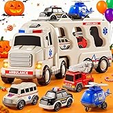 BLmukce 5 in 1 Ambulance Toddler Truck Toys for 3 4 5 6 Year Old Boys, Friction Powered Cars with Helicopter, Police Car, Fir