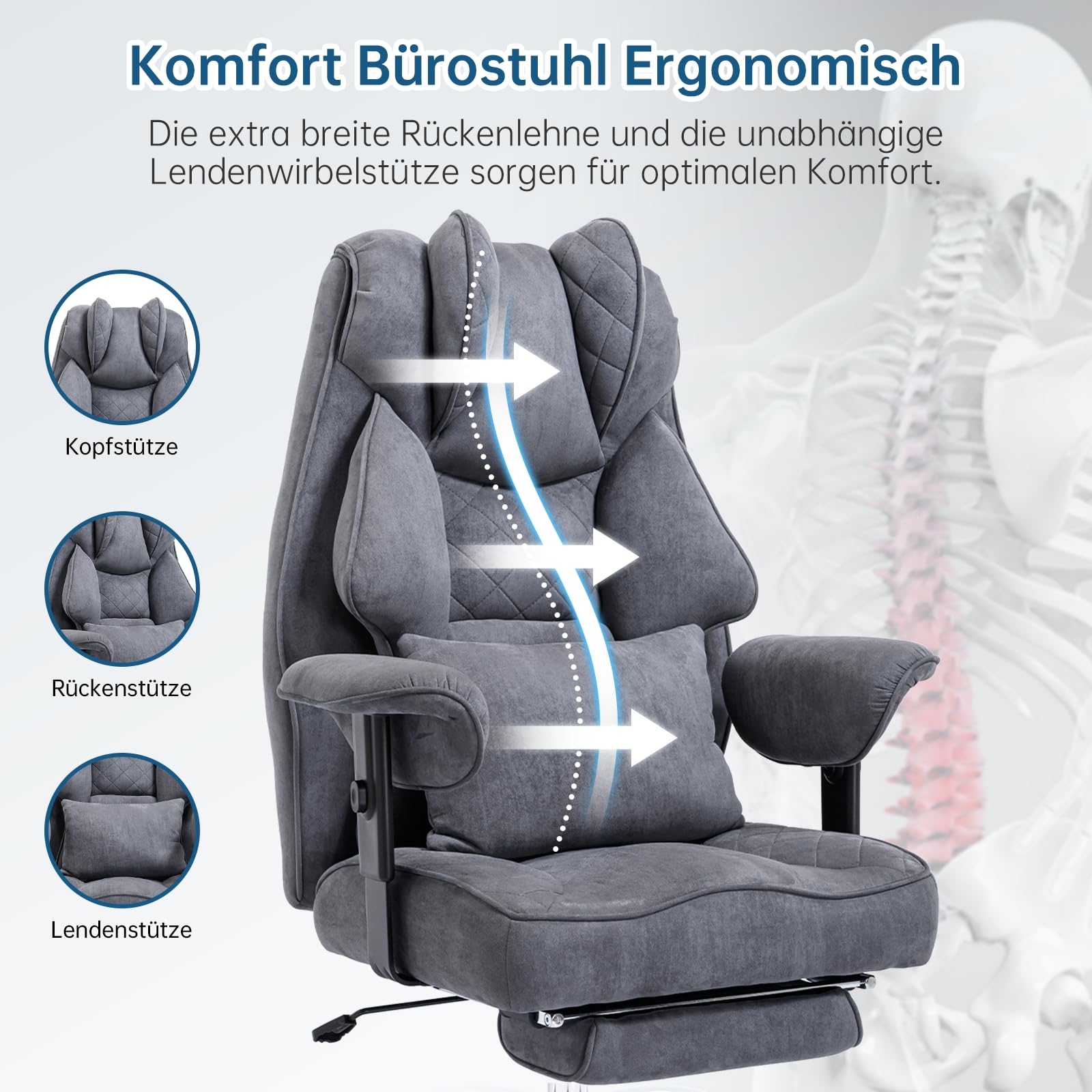 Asukale Ergonomischer Bürostuhl 200kg, Chefsessel mit Fußstütze 5