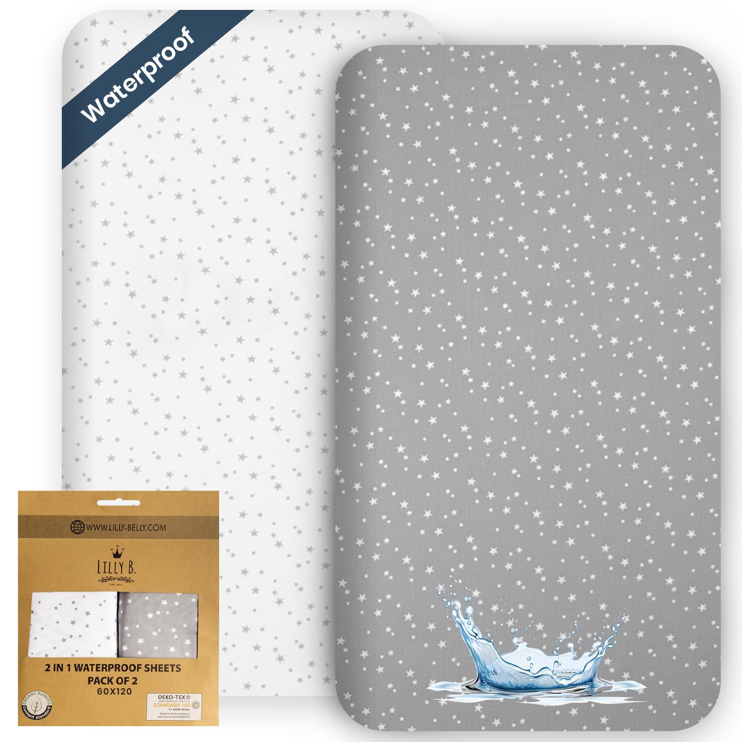 Lilly Belly Organic Cotton GOTS 2in1 Pack of 2 Waterproof Crib Sheets, Used Instead of Cot Bed Mattress Protector Compatible with, Next2me, and All Bedside Cribs, Mini Cribs up to 120x60cm (Stars)