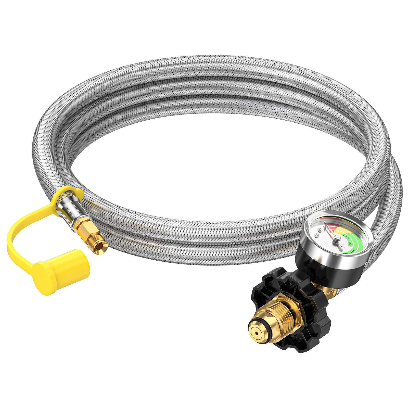 Photo 1 of 6ft Propane Tank Hose Extension with Gauge, POL x 1/4" Inverted Male Flare, Braided Supply Propane Tank Pigtail Hose, for 5-100lb Propane Tank Connection Extend a Stay RV Propane Kit, Dual Regulator