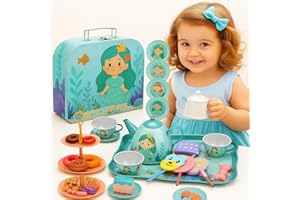 Lajeje Princess Tea Party Set for Little Girls,Birthday Gifts for Age 3 4 5 6 Year Old Girls,Pretend Tin Teapot, Cups, Plates,and Food Sweet Treats Playset for Princess Tea Time Play Kitchen Toys