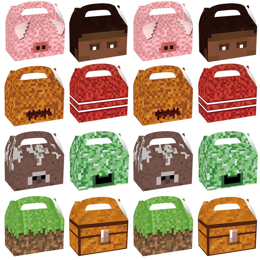 Photo 1 of 16 Pcs Pixel Theme Gift Box Bags, Pixel Miner Party Favors Decorations Gift Boxes Sandbox Family Goodie Paper Treat Boxes Pixel Party Supplies for Birthday