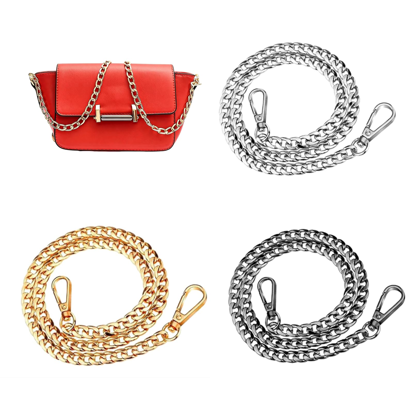 3PCS Replacement Chain for Handbag, Handbag Chain Straps, Replacement Metal Replacement Chain, with 120cm Metal Chain Strap, for Purse Clutch Bag Wallet (Gold, White, Black)