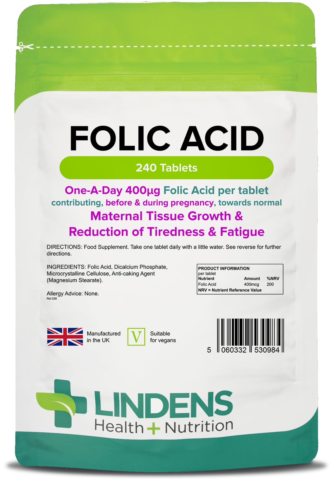 Lindens - Folic Acid 400mcg - 240 Vegan Tablets - UK Made to GMP - Pregnancy, Immune Health, Energy and Vitality, Blood Formation, Psychological Function, Amino Acid - Letterbox Friendly