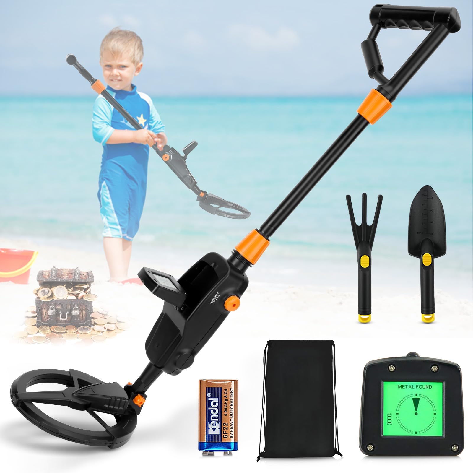 Kids Metal Detector, Potuem Lightweight Metal Detectors kids with LCD Display and Waterproof Search Coil, High Sensitivity Metal Detector for Kids with Rake, Shovel and Bags for Treasure Seeking