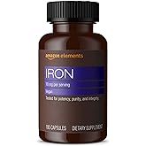 Amazon Elements Iron 18mg Capsules, Supports Red Blood Cell Production, Vegan, 195 Count, 6 month supply (Packaging may vary)
