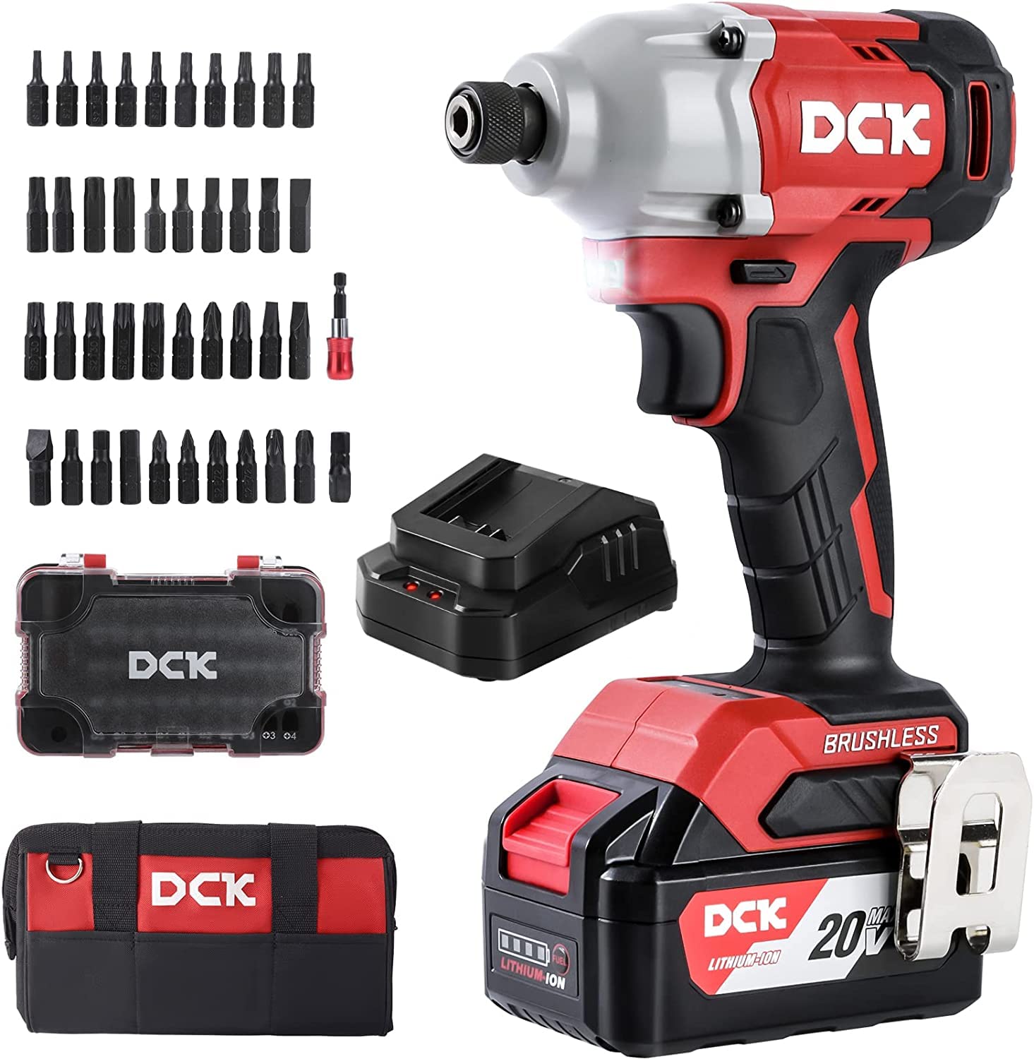 DCK Impact Driver, 20V Max Brushless Cordless Impact Driver Kit, 1600 In-lb., 1/4