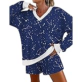 AKEWEI Womens Pajama Sets V Neck Long Sleeve Top and Shorts Cozy Loungewear with Pocket