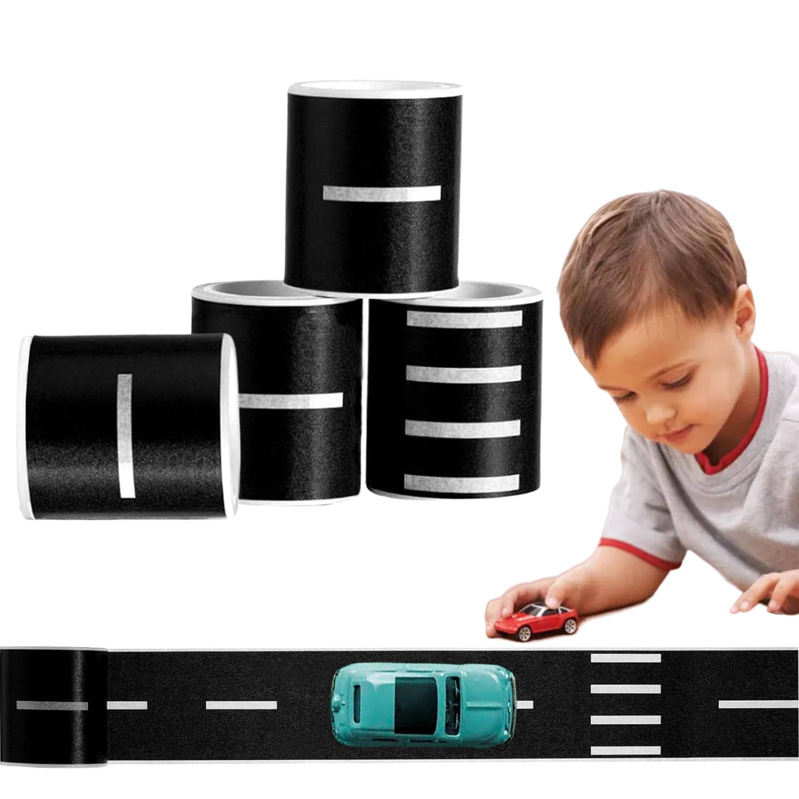 4 Rolls Road Tape for Toy Cars, Car Tape for Toys Cars, Car Track Toy Tapes, Black Roadway Tapes Self-Adhesive Easy Stick nd Tear, Car Race Track for Kids