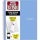 Five Star Spiral Notebook + Study App, 3 Subject, Wide Ruled Paper, 8" x 10-1/2", 150 Sheets, Fights Ink Bleed, Water Resistant Cover, Tidewater Blue (73184)