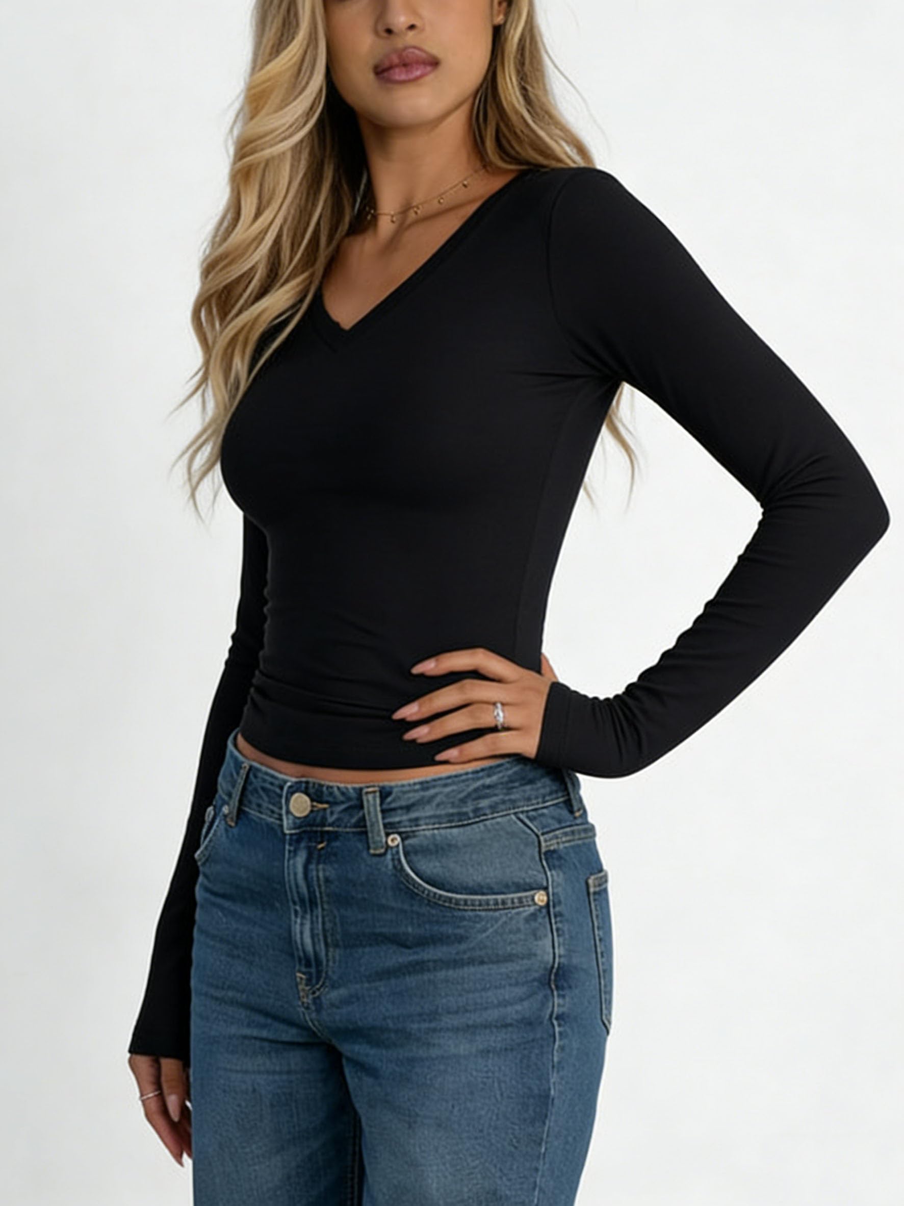 Am Direct Black Long Sleeve Shirt for Woman V Neck Slim Fit Tops Warm Workout Fall Trendy Tees XS