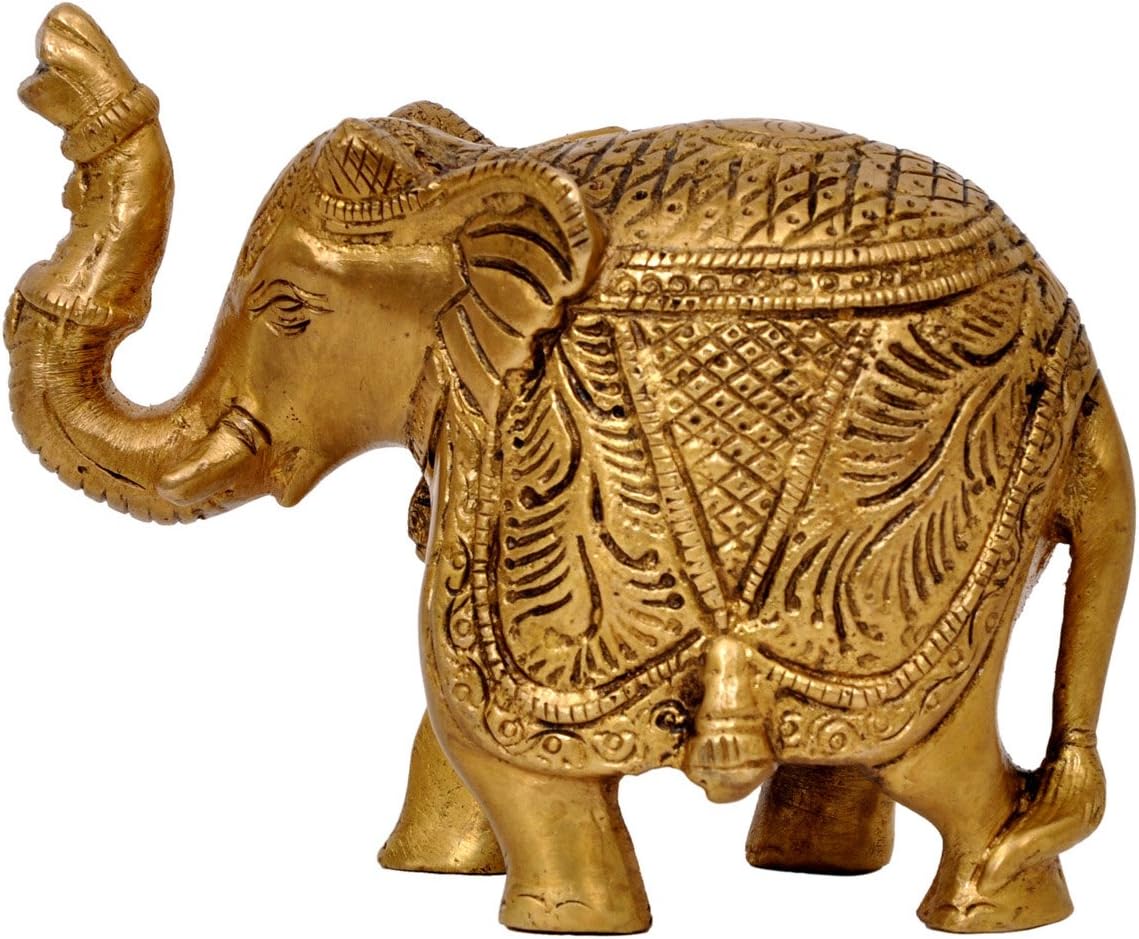 Aesthetic Decors Elephant Standing Carved Trunk UP Showpiece - 5 cm (Brass, Gold)