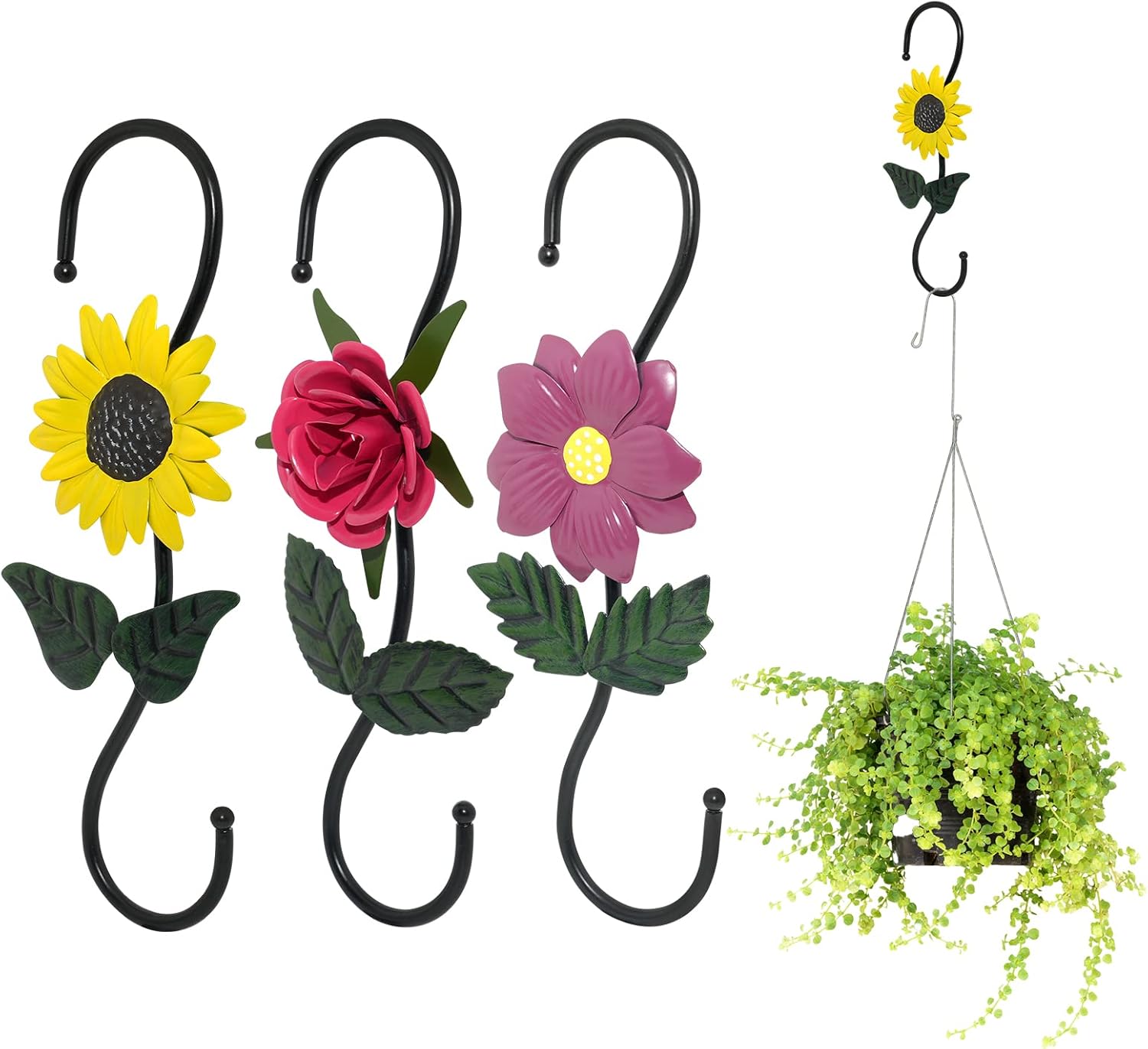 Outdoor Hanging Brackets - Sunnyac S Hooks for Hanging Plants, Set of 3 Black Metal Plant Hangers, Beautiful and Vivid Plant Hook for Garden Planters, Flower Baskets, Pots, Bird Feeders Outdoor Indoor