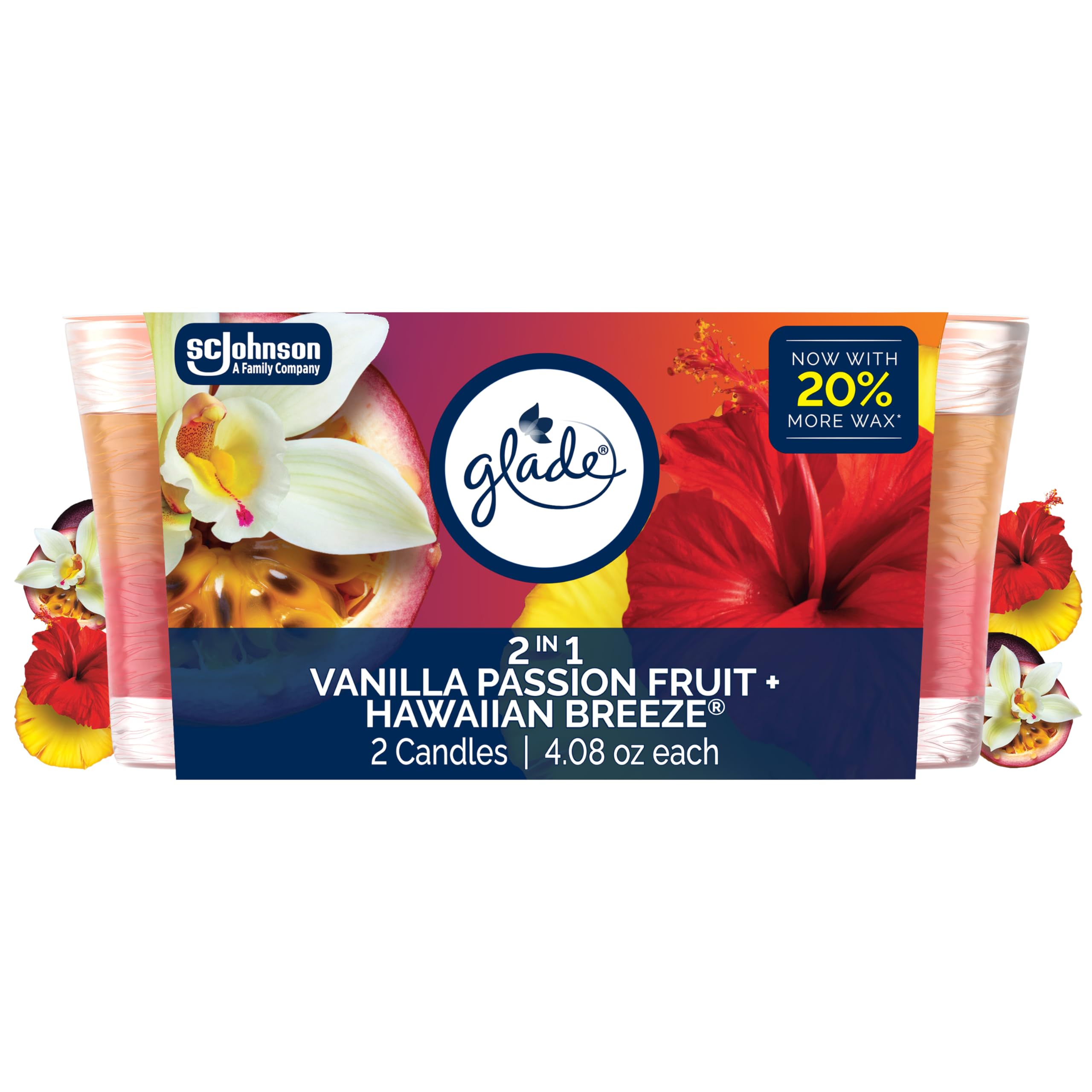Glade 1-Wick 2in1 Scented Candle Jar, Hawaiian Breeze & Vanilla Passion Fruit, Air Freshener Infused with Essential Oils, 4.08 Oz, 2 Count