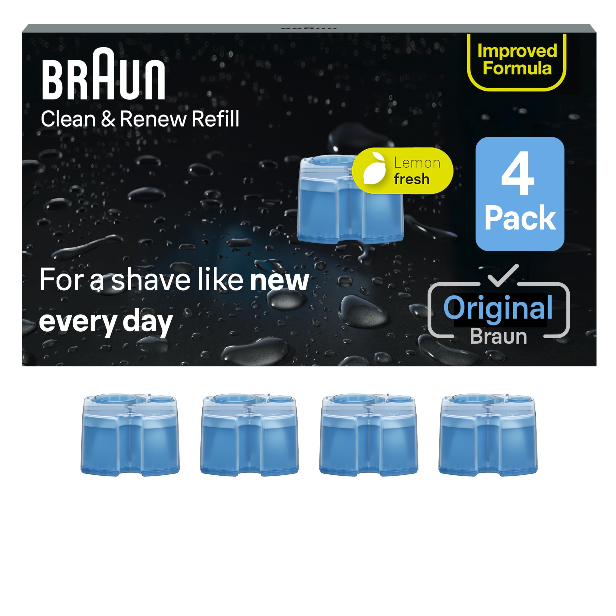 Braun Clean & Renew Cartuchos de recambio CCR, solución líquida limpiadora de afeitadora de repuesto para sistema Clean&Charge, paquete de 4