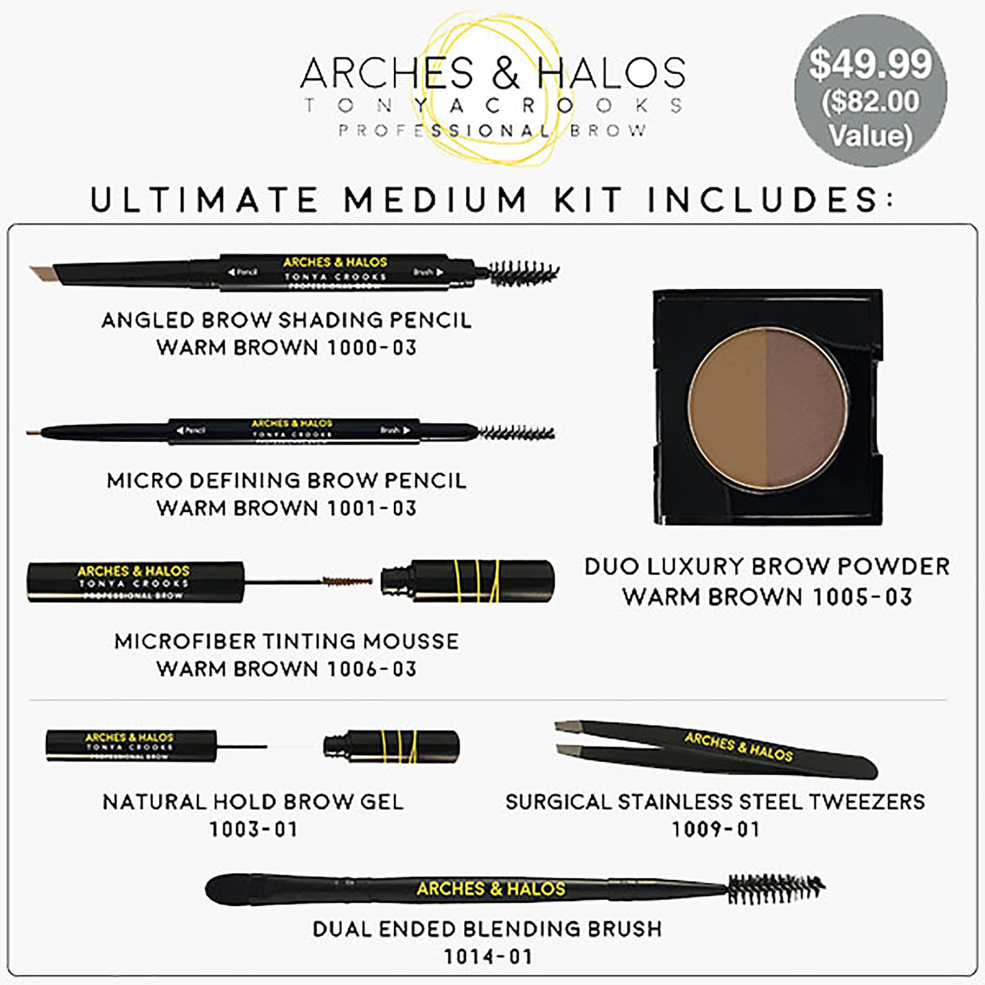 Arches & Halos - Ultimate Brow Hero Kit - Eyebrow Styling Makeup Kit, Pencil, Gel, Shading, Powder, Mousse, Natural and Bold Precise Brow Shaper - Hypoallergenic, Vegan - 7 Pc Kit, Medium