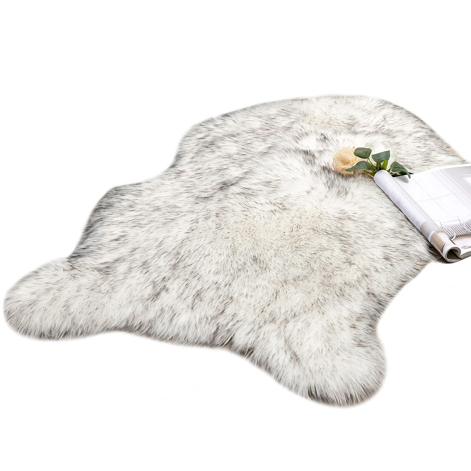 MIULEE Faux Fur Area Rugs Sheepskin Fluffy Mat Fleece Chair Cover Seat Pad Soft Shaggy Area Mat for Bedroom Sofa Floor 60 x 90 cm Irregular Shape White+Grey