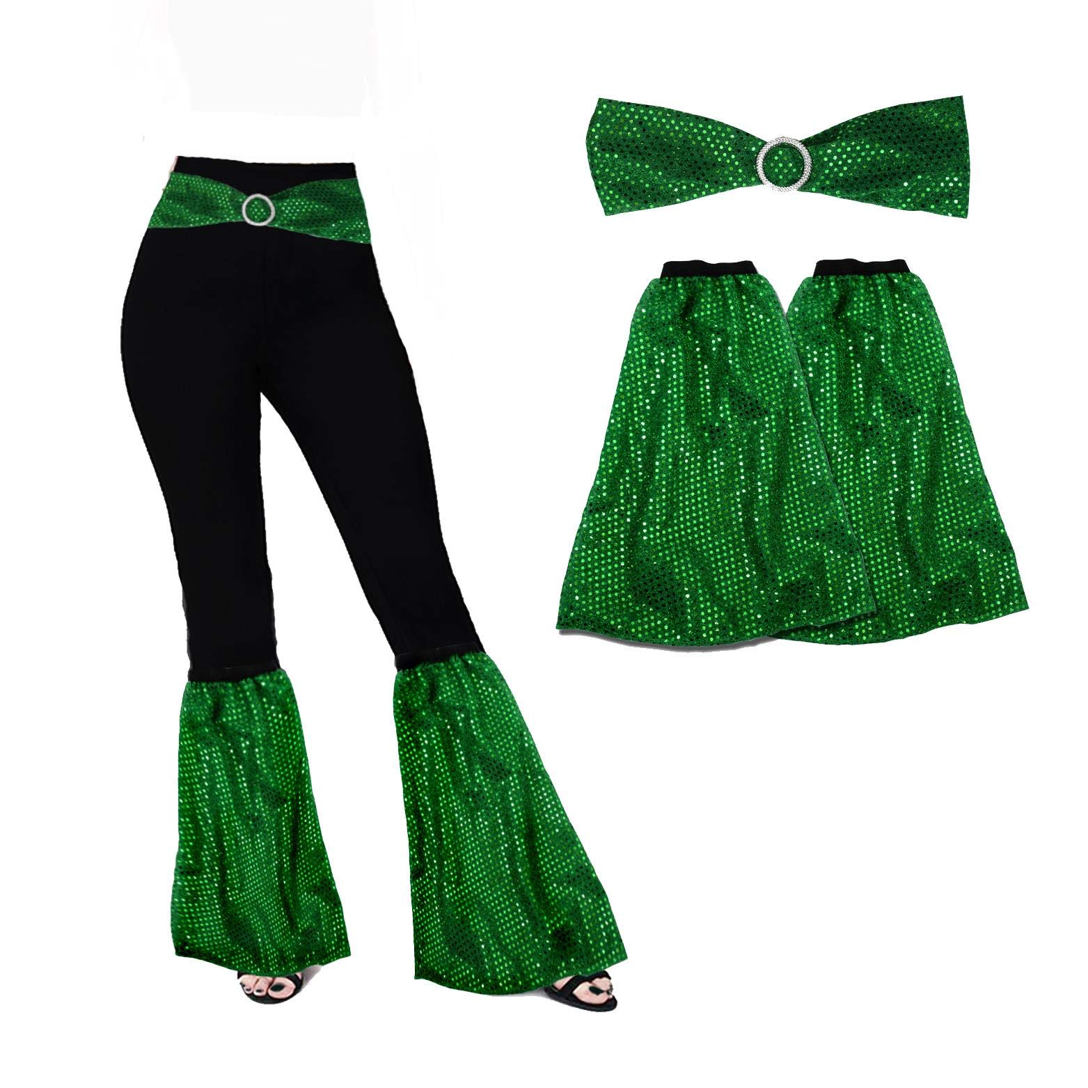 The Dragons Den Adults 1960s 1970s Sequined Flares Flared Boot Covers & Belt Hippie Disco Diva Fancy Dress Costume Accessory [Emerald Green] — image 1