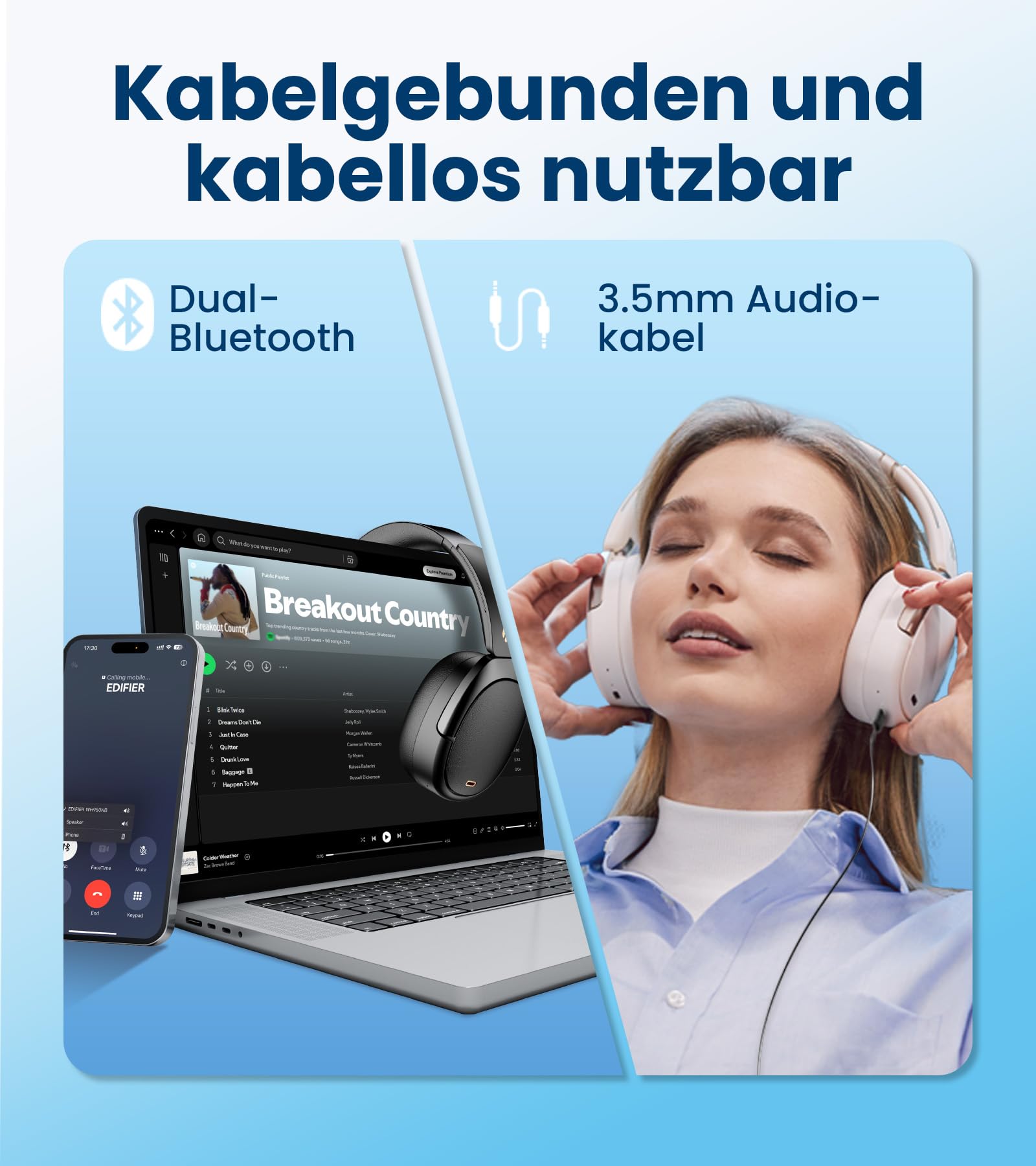 Edifier WH950NB (2026) Faltbarer Over-Ear Kopfhörer mit Hybrid Active Noise Cancelling. LDAC Codec mit Hi-Res Audio und Custom EQ über App. Bis zu 80 Std. Akkulaufzeit. Bluetooth V5.4 (Weiß) 8