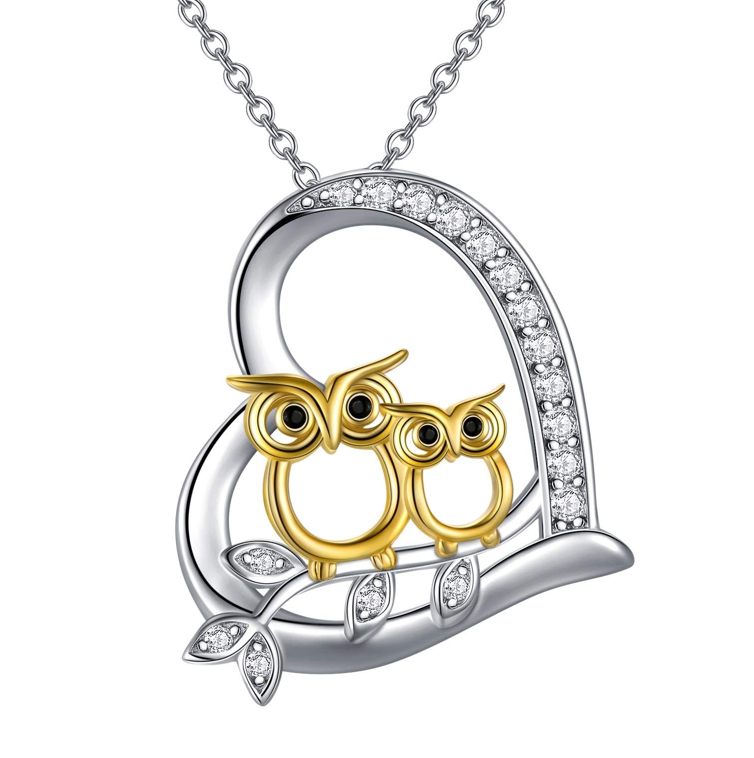 PEIMKO Sterling Silver Owl Necklace with Cubic Zirconia Heart Pendant, Two Owls in Love, Perfect for Valentine's Day Gifts