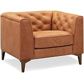 POLY &amp; BARK Essex 40" Lounge Chair &ndash; Full-Grain Pure-Aniline Italian Leather, Tufted Back &amp; Arms, Feather-Down Cushioning, Walnut Wood Legs - Cognac Tan