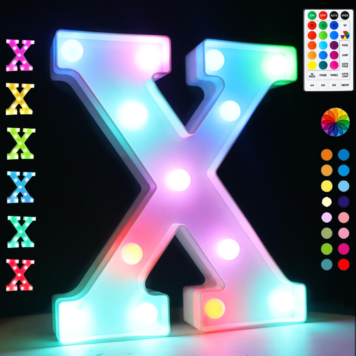 Light Up Colorful LED Marquee Letter Lights, 18 Colors Changing Alphabet Letters Sign with Remote Timer for Night Light Wedding Birthday Party Lamp Christmas Home Bar Decor- Colorful X