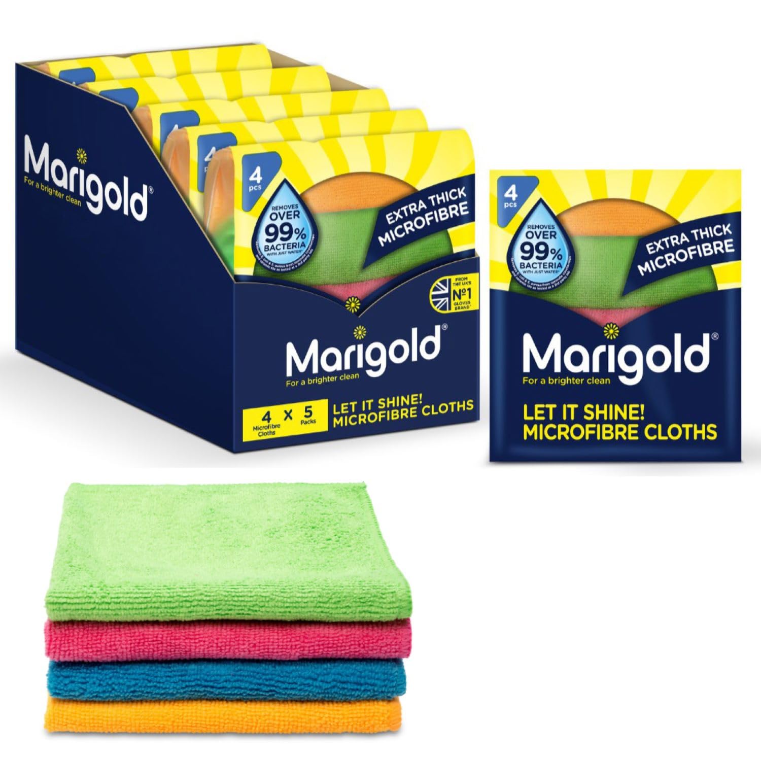 Marigold Let it Shine Extra Thick Microfibre Cloth - Pack of 20 Cleaning Cloths - Case Pack - 5 Packs of 4 Cloths - 20cm x 18cm - Machine Washable - Use Wet or Dry