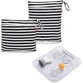 Damero Breast Pump Parts Bag with Place Mat, Black Strips | 2Pack Wet Bag for Breast Pump Parts Storage, Pumping Wet Dry bag