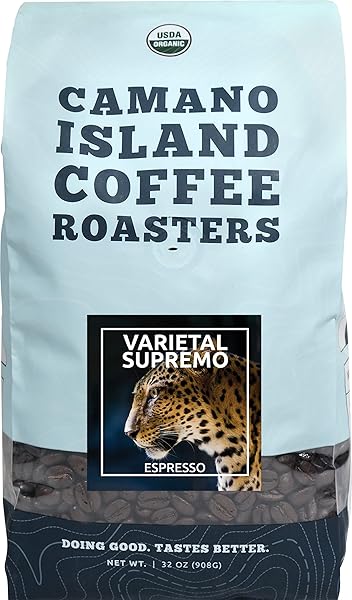 CAMANO ISLAND COFFEE ROASTERS VARIETAL SUPREMO ESPRESSO BLEND, GROUND 2LB, FRESH DARK ROAST, USDA ORGANIC, FAIRLY TRADED, SHADE GROWN ARABICA, CHOCOLATE, CARAMEL, HINT OF SPICE FLAVOR PROFILE