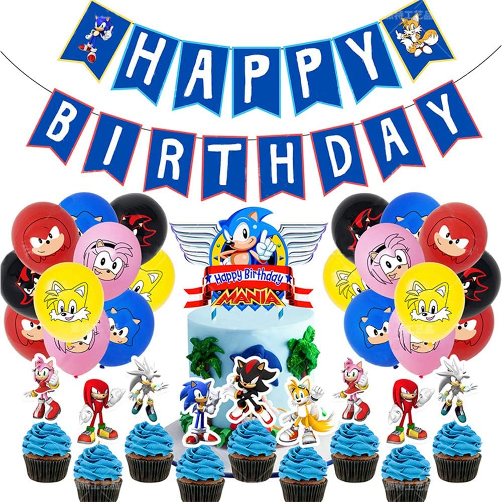 Sonic Party Supplies Happy Birthday Banner Latex Balloon Cake Topper Cupcake Topper for Kids Baby Shower Birthday Party Decorations Set