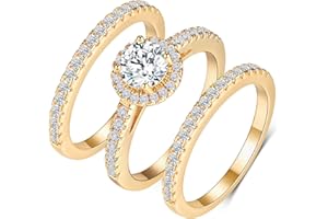 MDFUN Three in One Round/Oval/Eye/Teardrop Halo Wedding Bands Set Engagement Rings 18K Yellow Gold Plated Cubic Zirconia Promise Eternity Band for Women Size 5-10