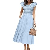 Simplee Womens Boho Maxi Dress Flutter Sleeve Summer Casual Smocked Waist A Line Flowy Tiered Dress with Pockets