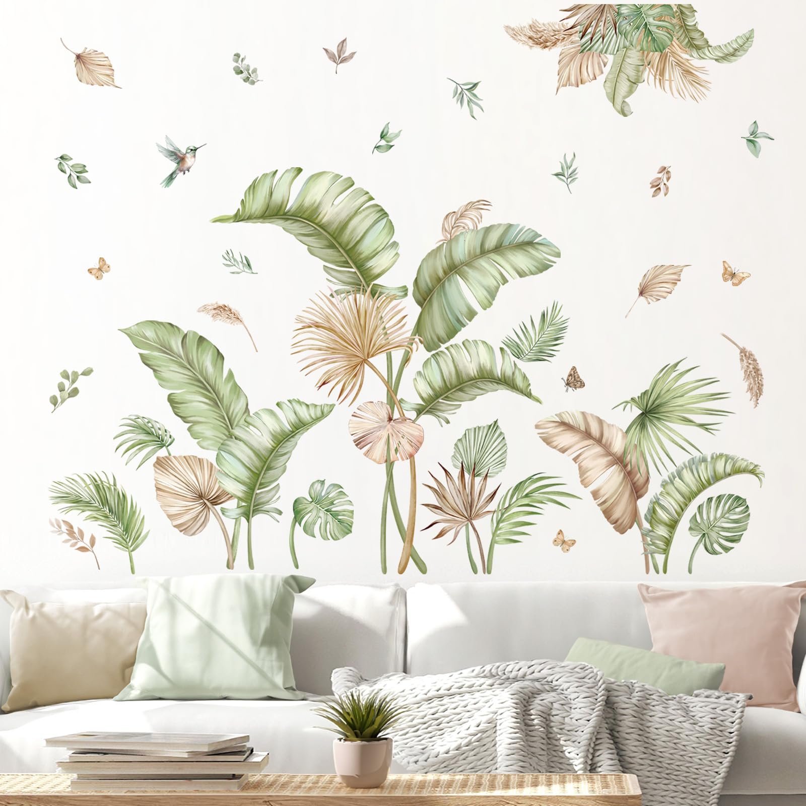 decalmile Boho Palm Leaves Wall Decals Tropical Plants Green Leaf Wall Stickers Bedroom Living Room Sofa TV Background Wall Decor