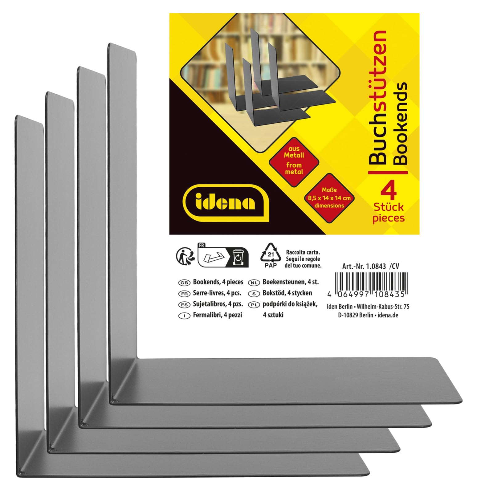 Idena 10843 Bookends Metal Black 4 Book Stands 14 x 14 x 8.5 cm Book Holder for Bookshelves