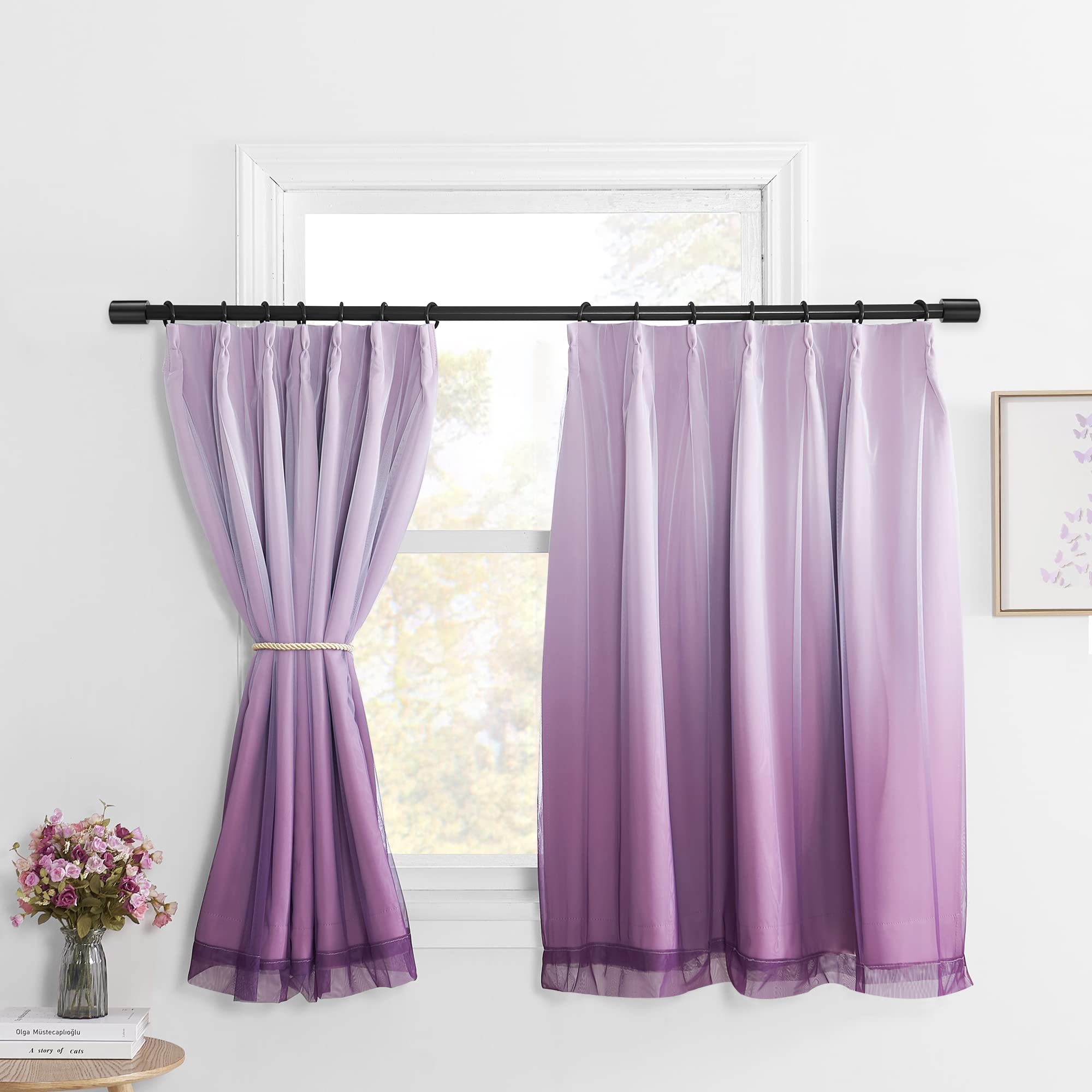 NICETOWN レース グラデーション レース付き 一体型カーテン 目隠し 姫系 既成カーテン 防音 西日対策 ベビー ホテル 仕切り 幅100cm丈135cm 2枚セット パープル商品画像