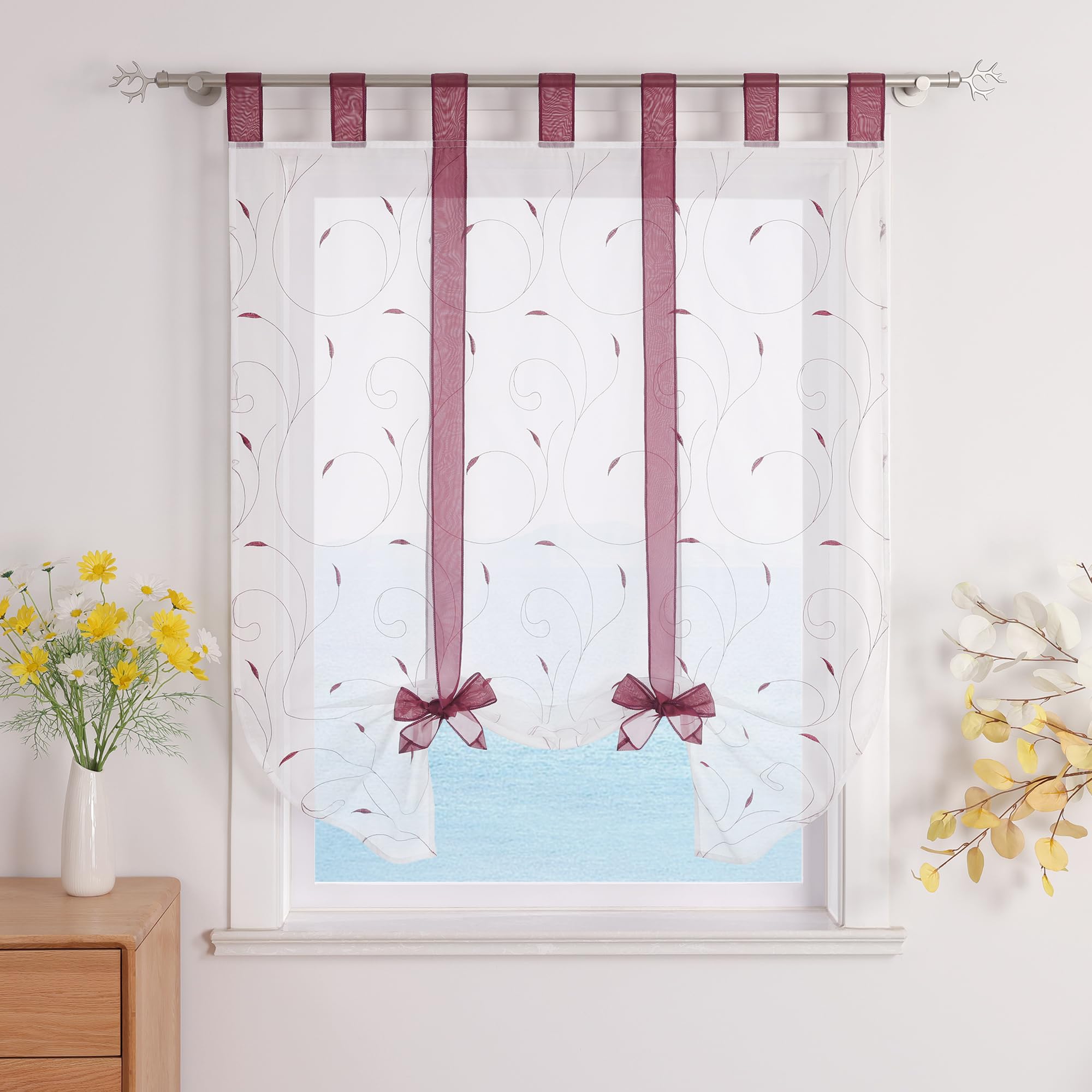 ESLIR Roman Blind with Loops, Roman Curtains, Kitchen Tie Curtain, Transparent Tab-Top Blind, Curtains with Embroidery, Modern Voile, Berry, W x H 140 x 140 cm, Pack of 1