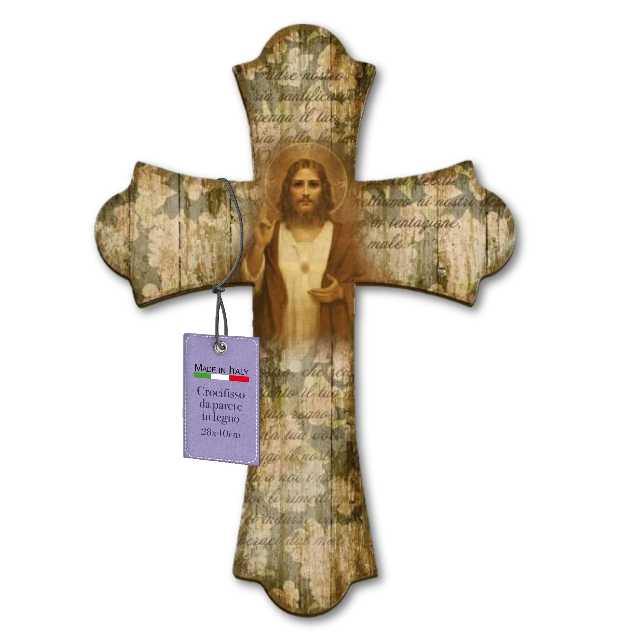 F.LLI BONELLA FRATELLI BONELLA - Poplar Wood Wall Crucifix Depicting the Sacred Heart of Jesus - Vintage Crucifix 28x40 cm - Wooden Crucifix 100% Made in Italy