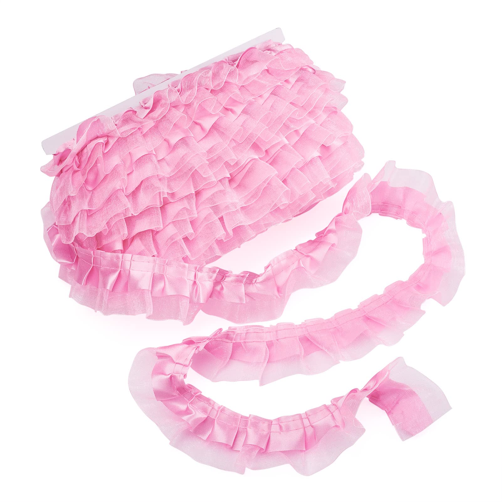 PandaHall 21.8 Yards Satin Organza Lace Edge Trim 2-Layer Gathered Ruffle Chiffon Ribbon 1-5/8 Inch Hot Pink Pleated Edging Trimmings Fabric for Cloth Sewing Embroidered Applique Wedding Party Decor
