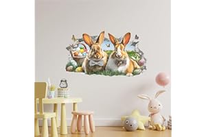 Easter 3D Bunny Wall Stickers with Eggs, Cute Cartoon Rabbit Wall Decals Removable Peel and Stick Easter Decorations for Kids