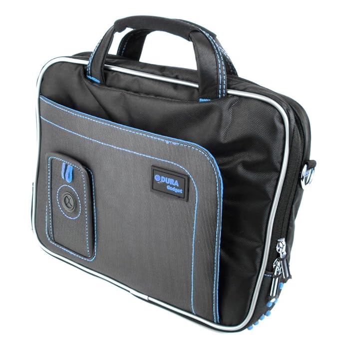 DURAGADGET extravagante Schultertasche für Haier Pad 971, Pad W203 und Pad Maxi 10.1 Zoll Tablets (Schwarz mit Blauer Naht)