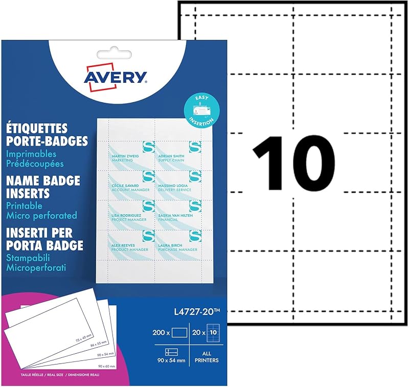 Avery L4727-20 Printable Name Badge Inserts 90x54 mm Pack 200 White