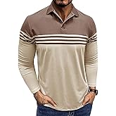 Men's Long Sleeve Polo Shirt Striped Cotton Moisture Wicking Classic Collared Casual Golf Shirts for Men